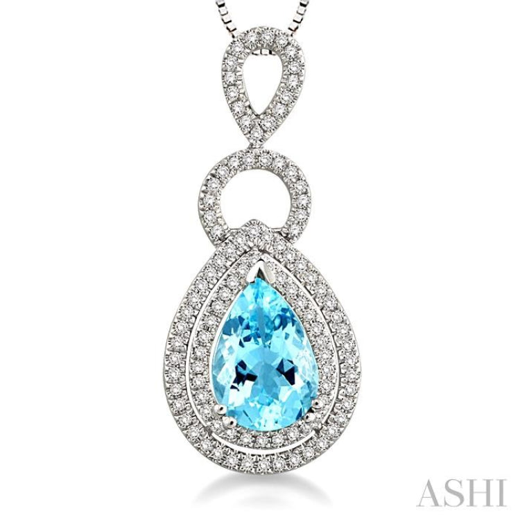 10x7mm Pear Shape Aquamarine and 1/3 Ctw Round Cut Diamond Semi Precious Pendant in 14K White Gold with Chain