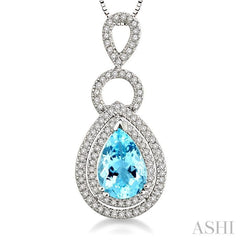 10x7mm Pear Shape Aquamarine and 1/3 Ctw Round Cut Diamond Semi Precious Pendant in 14K White Gold with Chain