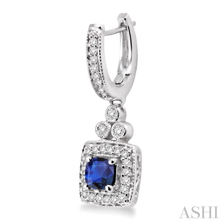 4x4 MM Cushion Shape Sapphire and 1/3 Ctw Round Cut Diamond Earrings in 14K White Gold