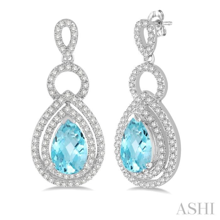 8x5mm Pear Shape Aquamarine and 1/2 Ctw Round Cut Diamond Semi Precious Earrings in 14K White Gold