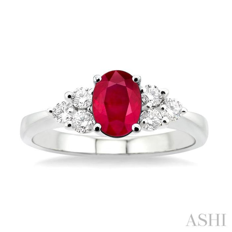 7x5mm Oval Cut Ruby and 1/3 Ctw Round Cut Diamond Ring in 14K White Gold