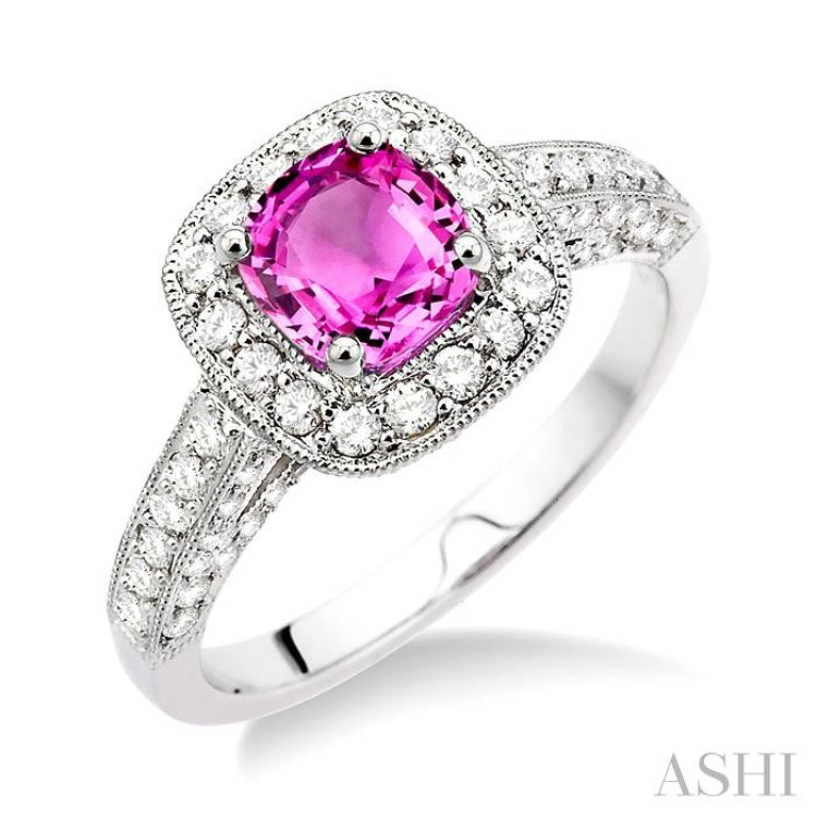 6x6mm Cushion Cut Pink Sapphire and 7/8 Ctw Round Cut Diamond Precious Ring in 14K White Gold