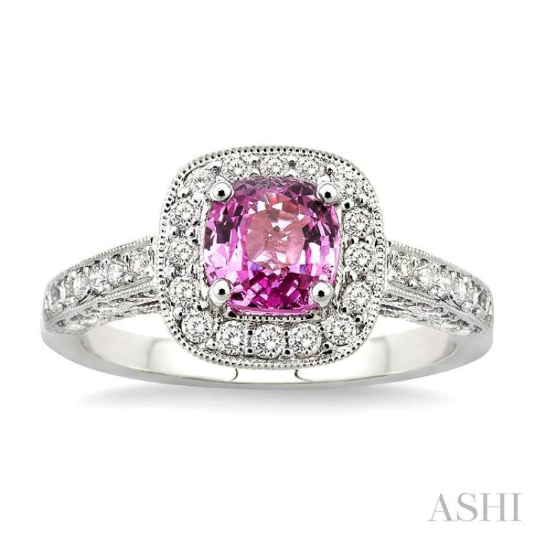 6x6mm Cushion Cut Pink Sapphire and 7/8 Ctw Round Cut Diamond Precious Ring in 14K White Gold