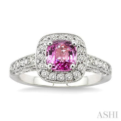 6x6mm Cushion Cut Pink Sapphire and 7/8 Ctw Round Cut Diamond Precious Ring in 14K White Gold