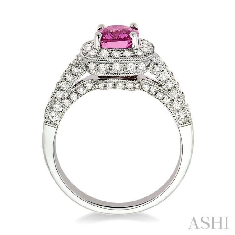 6x6mm Cushion Cut Pink Sapphire and 7/8 Ctw Round Cut Diamond Precious Ring in 14K White Gold