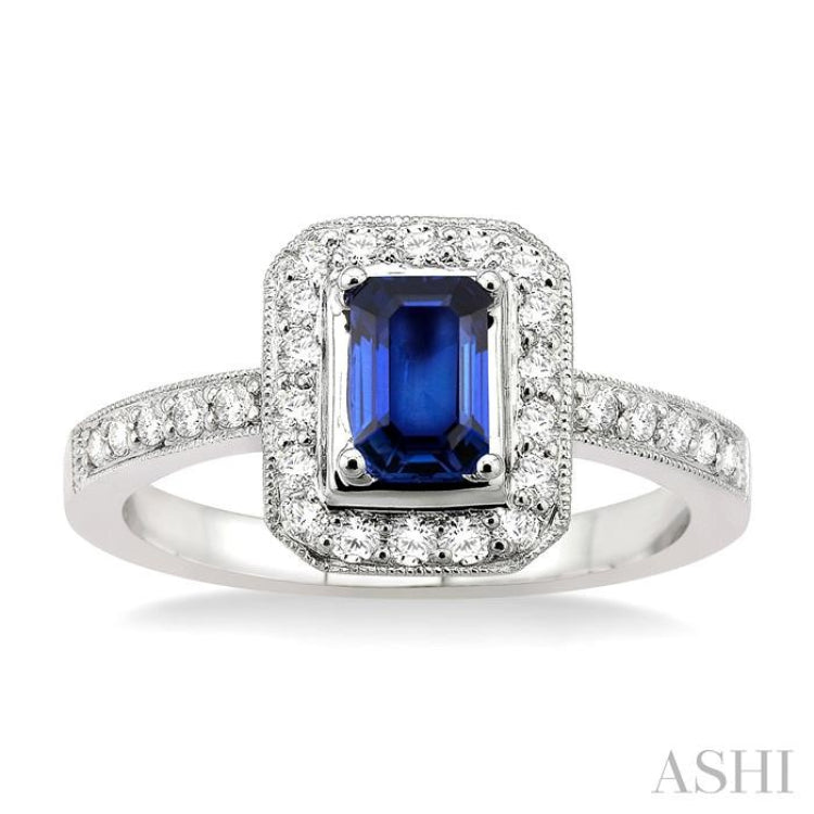 6x4MM Octagon Cut Sapphire and 1/3 Ctw Round Cut Diamond Precious Ring in 18K White Gold