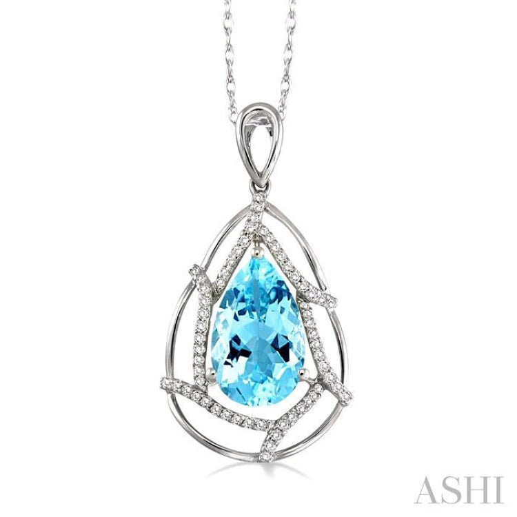 10x7mm Pear Shape Aquamarine and 1/5 Ctw Round Cut Diamond Semi Precious Pendant in 14K White Gold with Chain