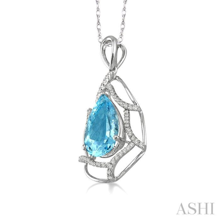 10x7mm Pear Shape Aquamarine and 1/5 Ctw Round Cut Diamond Semi Precious Pendant in 14K White Gold with Chain