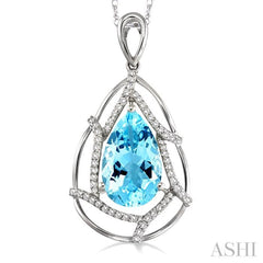 10x7mm Pear Shape Aquamarine and 1/5 Ctw Round Cut Diamond Semi Precious Pendant in 14K White Gold with Chain