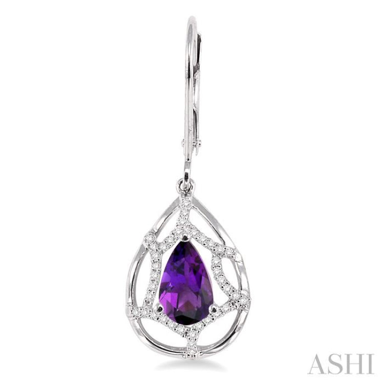 8x5mm Pear Shape Amethyst and 1/4 Ctw Round Cut Diamond Semi Precious Earrings in 14K White Gold