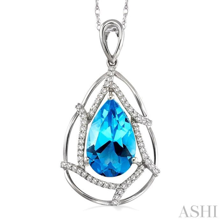 10x7mm Pear Shape Blue Topaz and 1/5 Ctw Round Cut Diamond Semi Precious Pendant in 14K White Gold with Chain