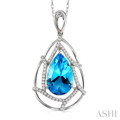 10x7mm Pear Shape Blue Topaz and 1/5 Ctw Round Cut Diamond Semi Precious Pendant in 14K White Gold with Chain