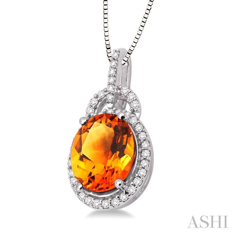 11x9 MM Oval Cut Citrine and 1/3 Ctw Round Cut Diamond Pendant in 14K White Gold with Chain