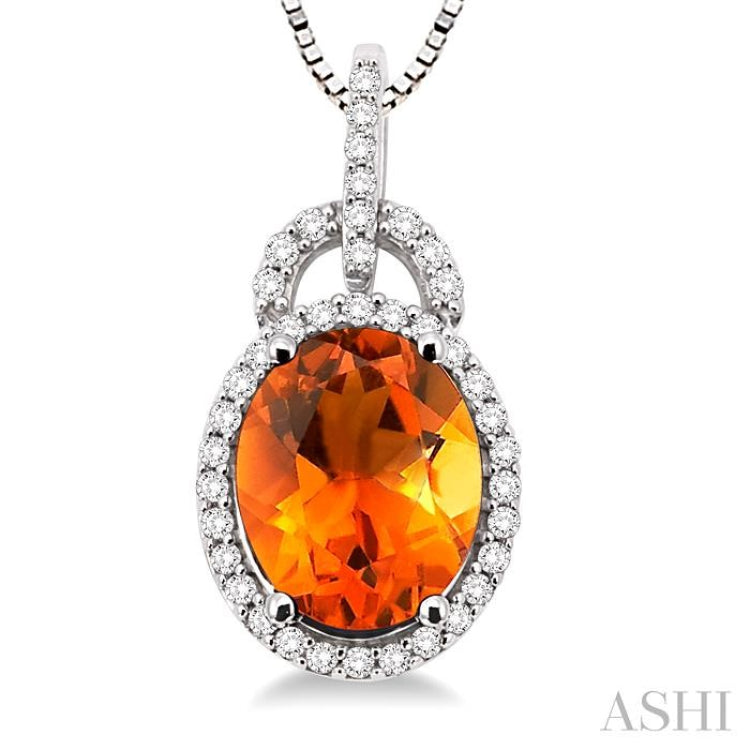 11x9 MM Oval Cut Citrine and 1/3 Ctw Round Cut Diamond Pendant in 14K White Gold with Chain