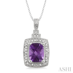 9x7 MM Cushion Shape Amethyst and 1/10 Ctw Single Cut Diamond Pendant in Sterling Silver with Chain