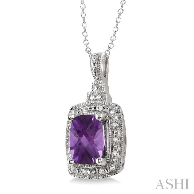 9x7 MM Cushion Shape Amethyst and 1/10 Ctw Single Cut Diamond Pendant in Sterling Silver with Chain