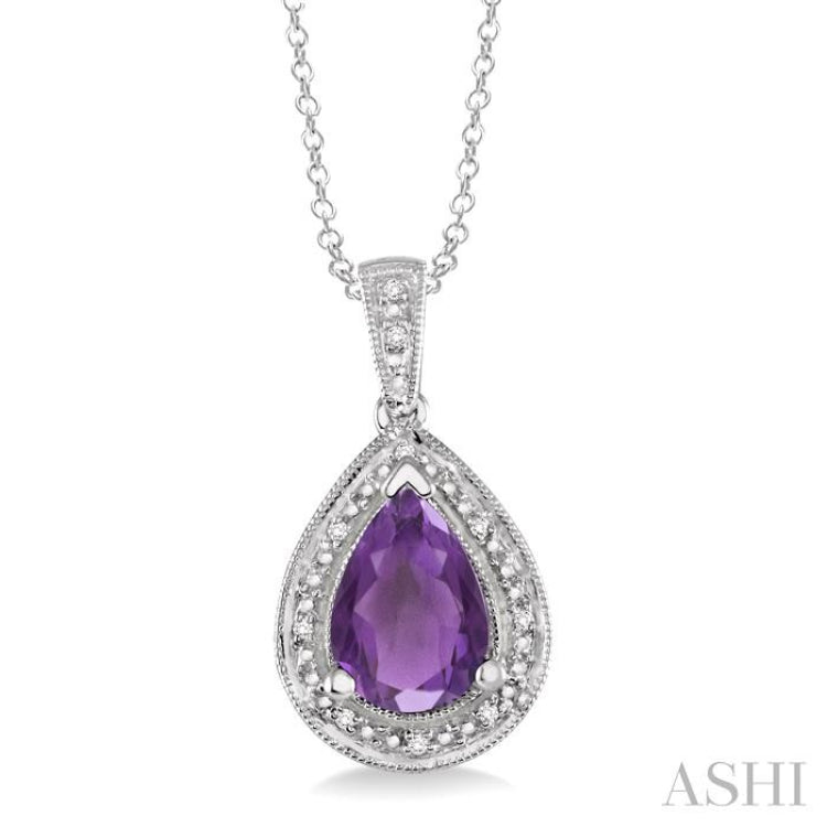 10x7 MM Pear Shape Amethyst and 1/20 Ctw Single Cut Diamond Pendant in Sterling Silver with chain