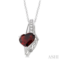 8x8  MM Heart Shape Garnet and 1/20 ctw Single Cut Diamond Pendant in Sterling Silver with Chain