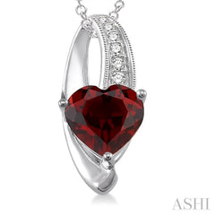 8x8  MM Heart Shape Garnet and 1/20 ctw Single Cut Diamond Pendant in Sterling Silver with Chain