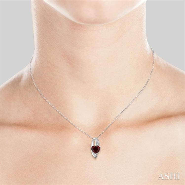 8x8  MM Heart Shape Garnet and 1/20 ctw Single Cut Diamond Pendant in Sterling Silver with Chain