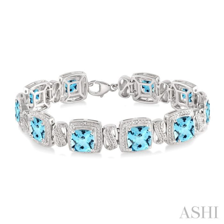 7x7  MM Cushion Shape Blue Topaz and 1/10 Ctw Single Cut Diamond Square Shape Bracelet in Sterling Silver