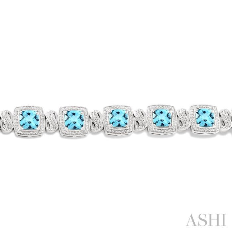 7x7  MM Cushion Shape Blue Topaz and 1/10 Ctw Single Cut Diamond Square Shape Bracelet in Sterling Silver