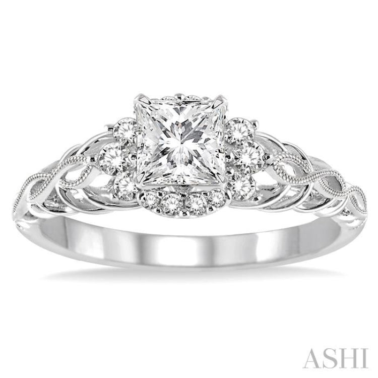 1/2 Ctw Diamond Engagement Ring with 1/4 Ct Princess Cut Center Stone in 14K White Gold