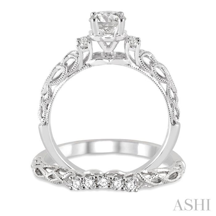 1/2 Ctw Diamond Wedding Set with 1/3 Ctw Round Cut Engagement Ring and 1/10 Ctw Wedding Band in 14K White Gold