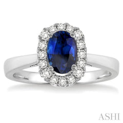 6x4 MM Oval Cut Sapphire and 1/6 Ctw Round Cut Diamond Precious Ring in 14K White Gold