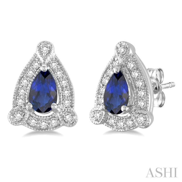 5x3 MM Pear Shape Sapphire and 1/6 Ctw Round Cut Diamond Earrings in 14K White Gold