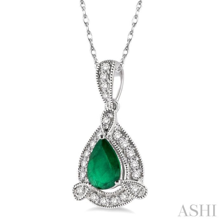 6x4  MM Pear Shape Emerald and 1/10 Ctw Round Cut Diamond Pendant in 10K White Gold with Chain