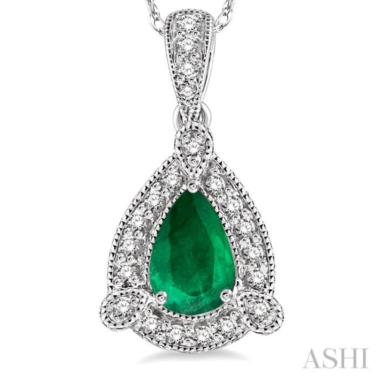 6x4  MM Pear Shape Emerald and 1/10 Ctw Round Cut Diamond Pendant in 10K White Gold with Chain