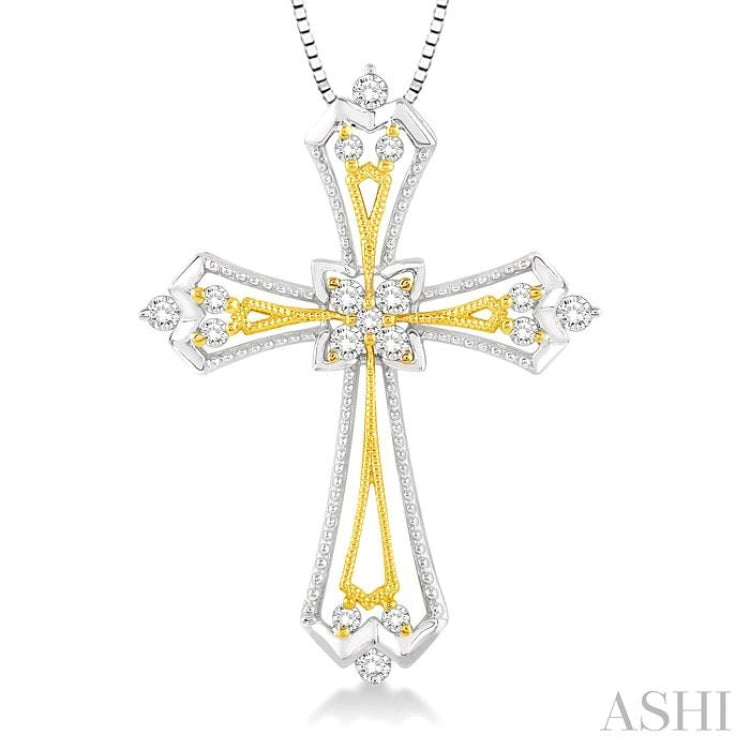 1/3 Ctw Round Cut Diamond Cross Pendant in 14K White and Yellow Gold with Chain