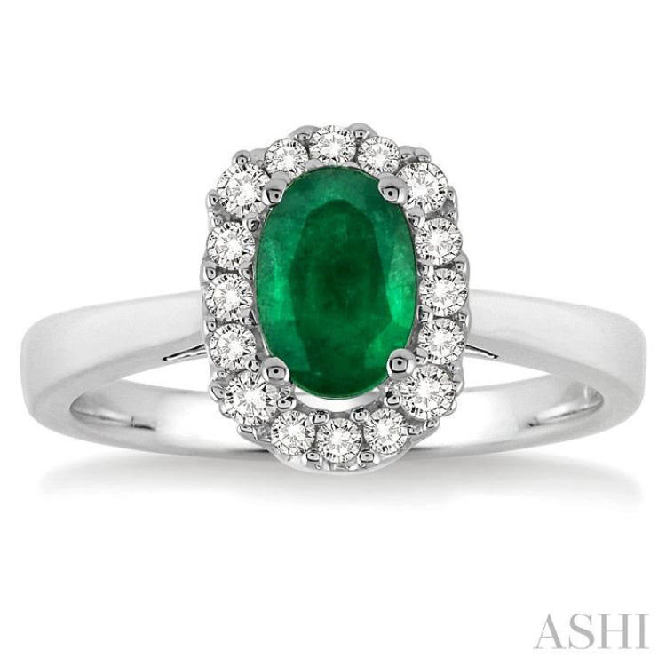 6x4 MM Oval Cut Emerald and 1/6 Ctw Round Cut Diamond Precious Ring in 14K White Gold