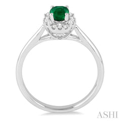 6x4 MM Oval Cut Emerald and 1/6 Ctw Round Cut Diamond Precious Ring in 14K White Gold