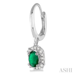 5x3 MM Oval Cut Emerald and 1/6 Ctw Round Cut Diamond Precious Earrings in 14K White Gold