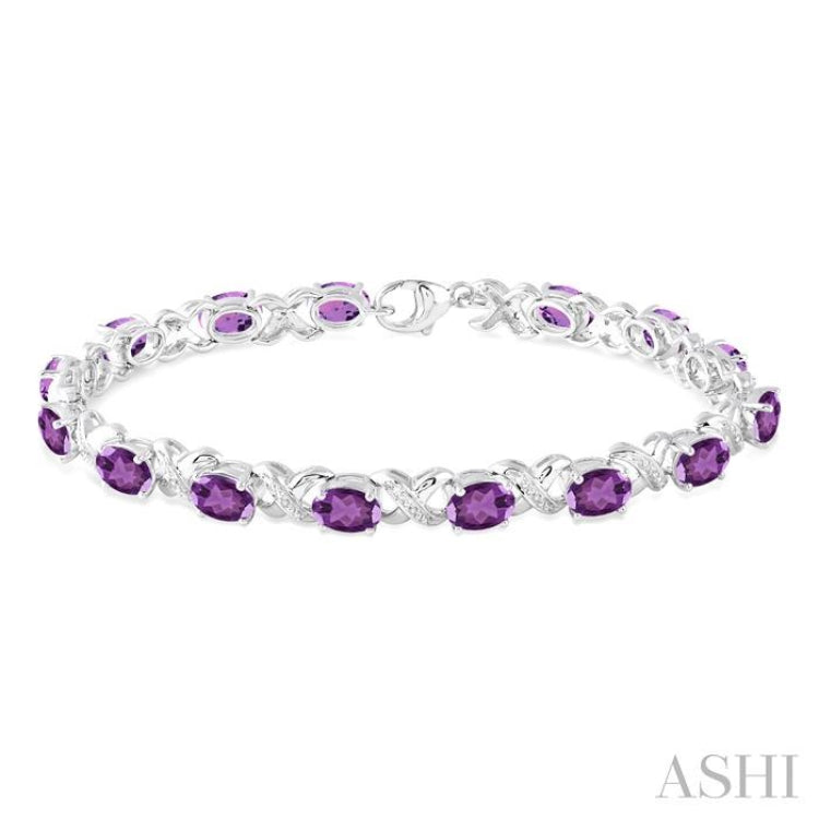 7x5  MM Oval Cut Amethyst and 1/20 Ctw Round Cut Diamond Fashion Bracelet in Sterling Silver