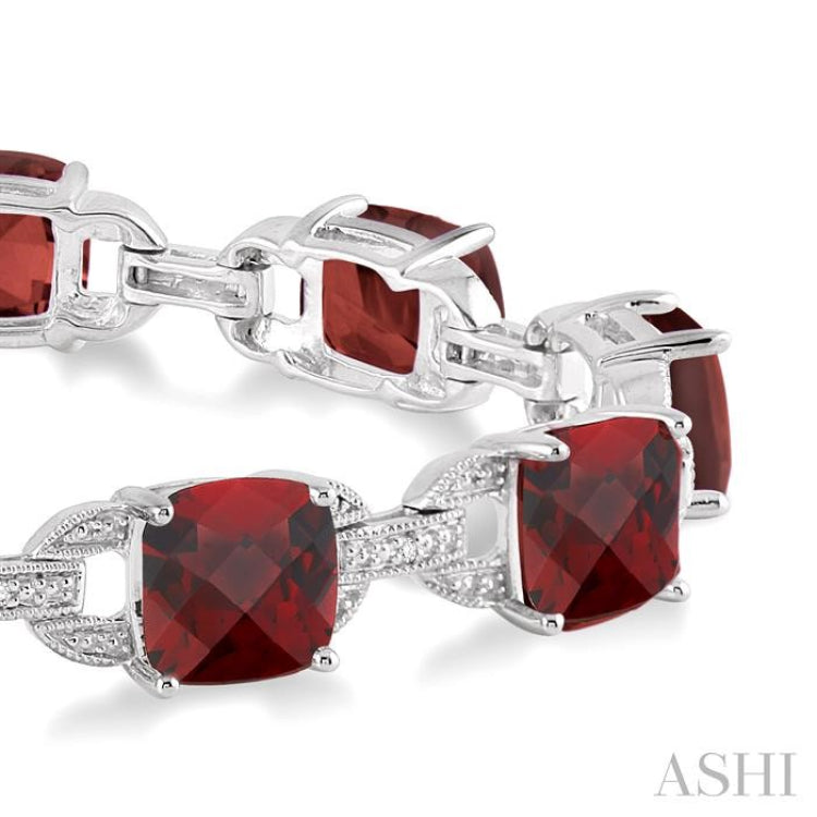 7x7  MM Cushion Shape Garnet and 1/20 Ctw Round Cut Diamond Fashion Bracelet in Sterling Silver