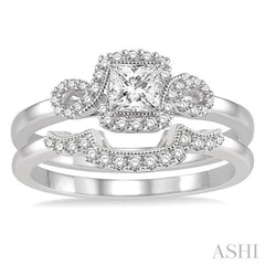 1/2 Ctw Diamond Wedding Set with 3/8 Ctw Princess Cut Engagement Ring and 1/10 Ctw Wedding Band in 14K White Gold