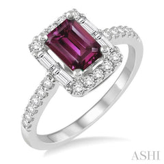 7x5 MM Emerald Cut Rhodolite Garnet and 1/2 Ctw Diamond Semi Precious Ring in 14K White Gold