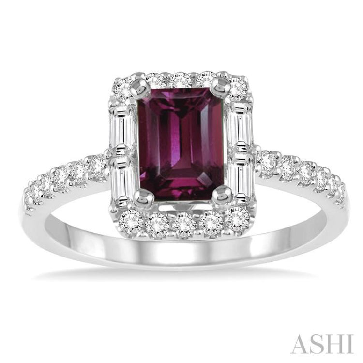 7x5 MM Emerald Cut Rhodolite Garnet and 1/2 Ctw Diamond Semi Precious Ring in 14K White Gold