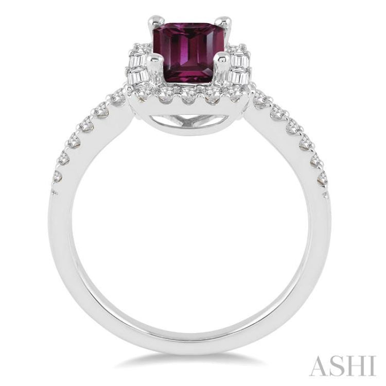 7x5 MM Emerald Cut Rhodolite Garnet and 1/2 Ctw Diamond Semi Precious Ring in 14K White Gold