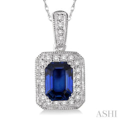 6x4  MM Emerald Shape Sapphire and 1/5 Ctw Round Cut Diamond Pendant in 14K White Gold with Chain