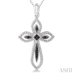 1/10 Ctw Round Cut White and Black Diamond Cross Pendant in Sterling Silver with Chain