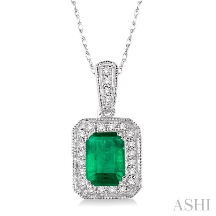 6x4  MM Emerald Shape Emerald and 1/5 Ctw Round Cut Diamond Pendant in 14K White Gold with Chain