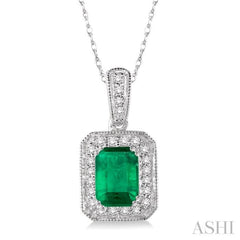 6x4  MM Emerald Shape Emerald and 1/5 Ctw Round Cut Diamond Pendant in 14K White Gold with Chain