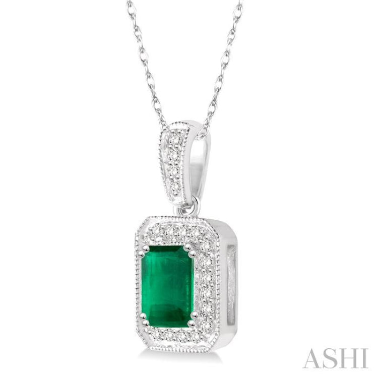 6x4  MM Emerald Shape Emerald and 1/5 Ctw Round Cut Diamond Pendant in 14K White Gold with Chain