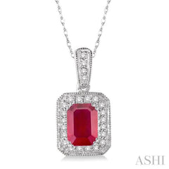 6x4  MM Emerald Shape Ruby and 1/5 Ctw Round Cut Diamond Pendant in 14K White Gold with Chain