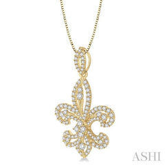 1 Ctw Round Cut Diamond Fleur De Lis Diamond Pendant in 14K Yellow Gold with Chain