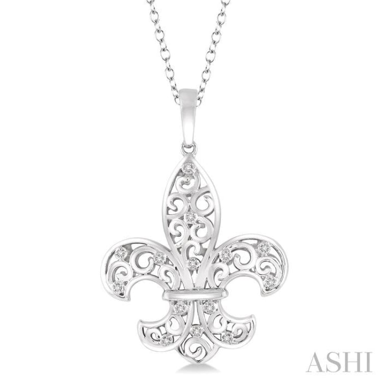 1/20 Ctw Round Cut Diamond Fleur De Lis Pendant in Sterling Silver with Chain